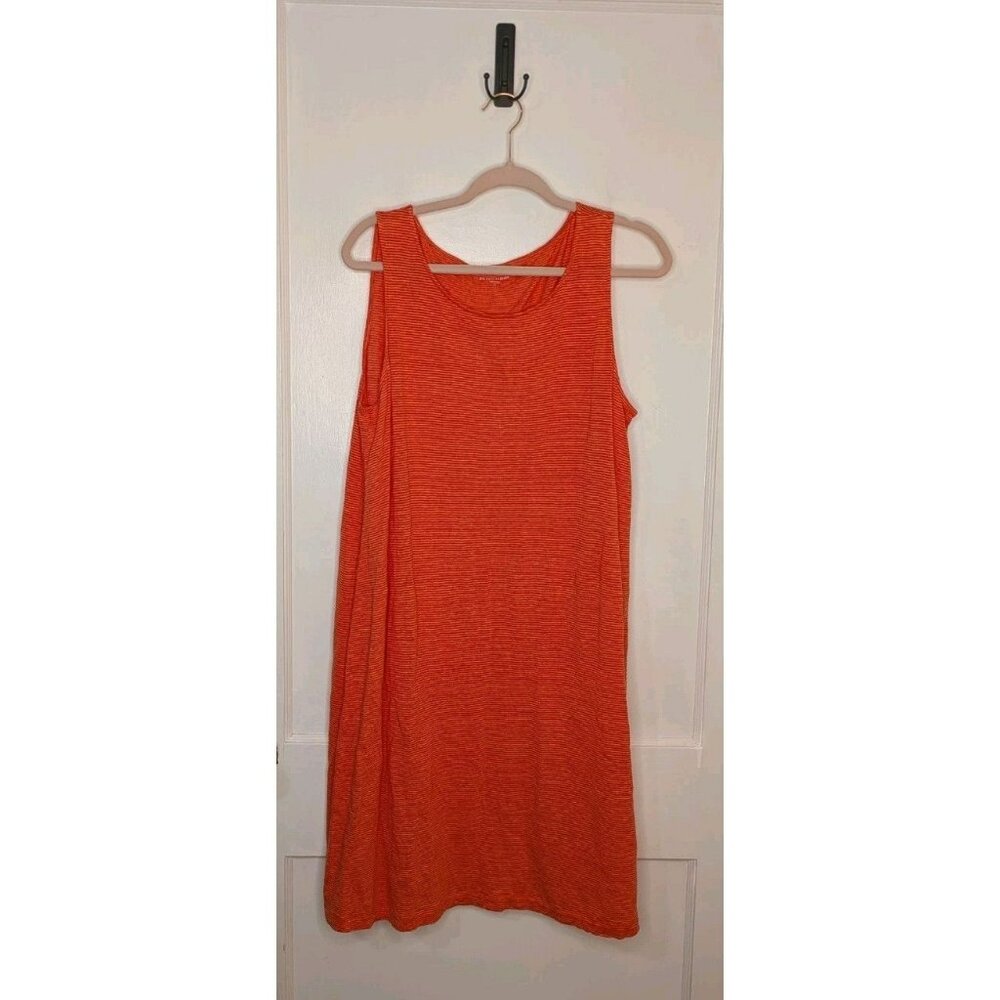 EILEEN FISHER Dress Sz Large 100% Linen Tank Orange Striped Sundress